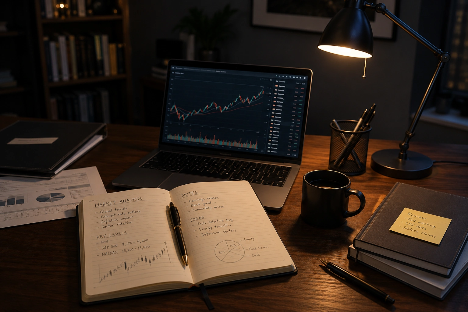 Institutional market research desk with charts, analysis, and decision records