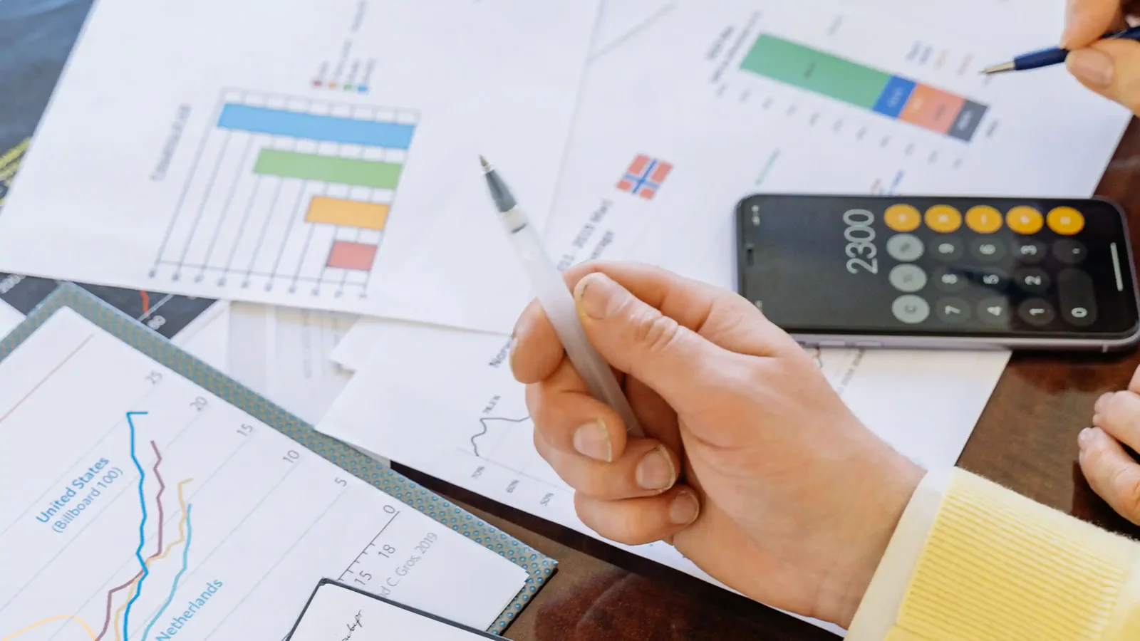 Financial planning materials, charts, and calculator on a work surface